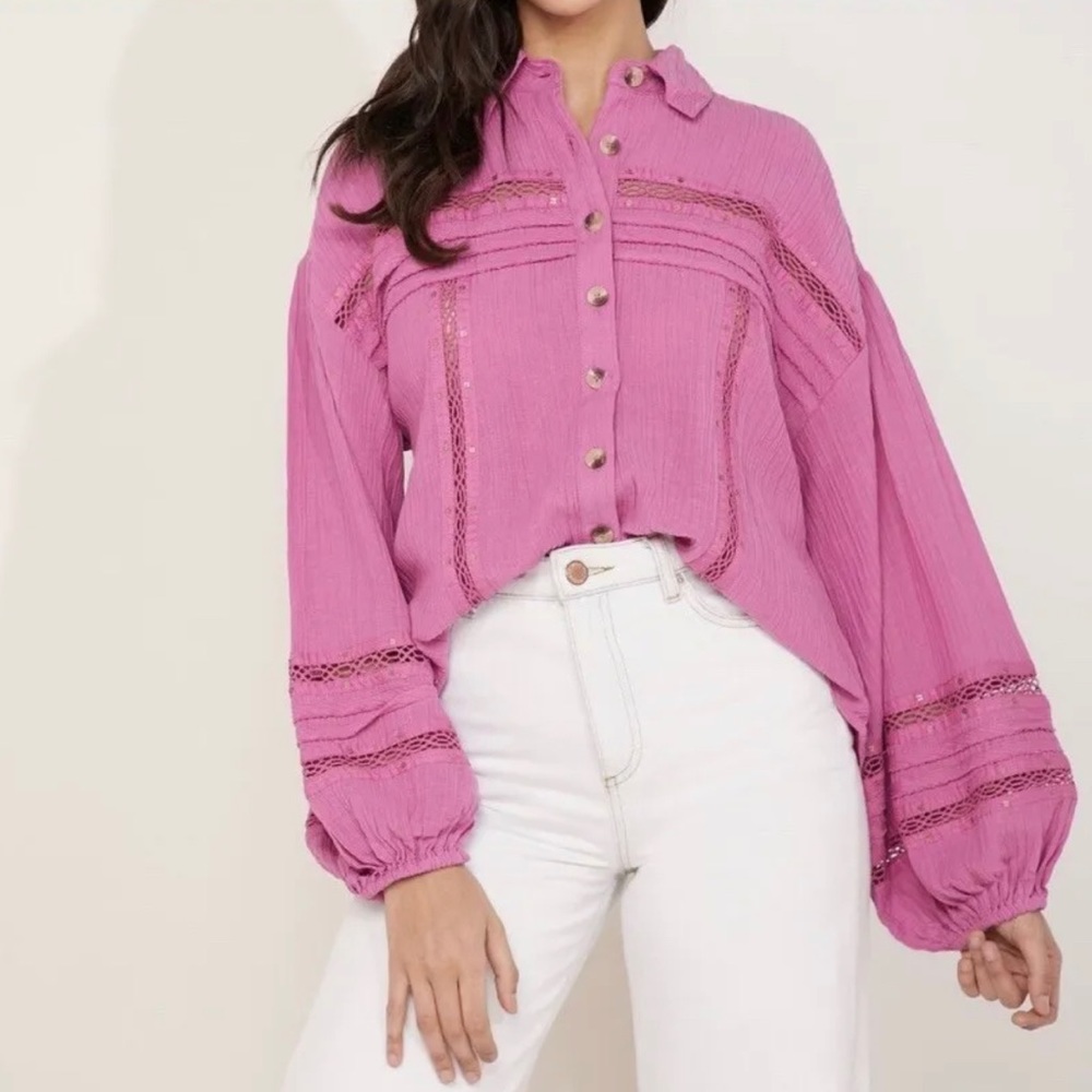 *sold* Free People “Summer Stars” pink button-up top